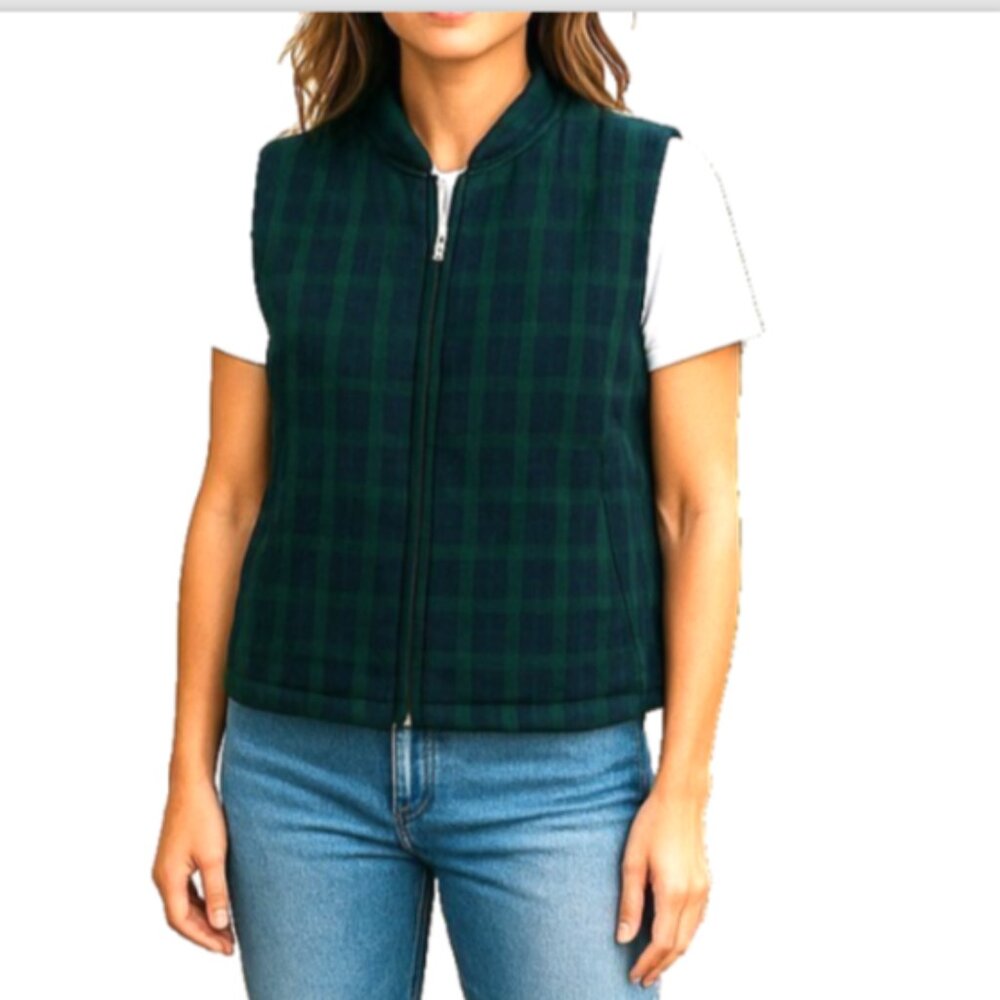 Talbots Petites Quilted Vest PS Blue Green Blackwatch Plaid Zip Pockets Like New - Picture 13 of 14
